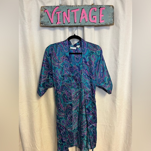 Vintage 90s Teal Purple Floral Paisley Silky Colorful Kimono Robe - Picture 8 of 12